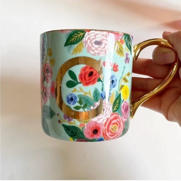Anthropologie x Rifle Paper Co Garden Party "C" Monogram Mug Floral Metallic - Picture 3 of 8
